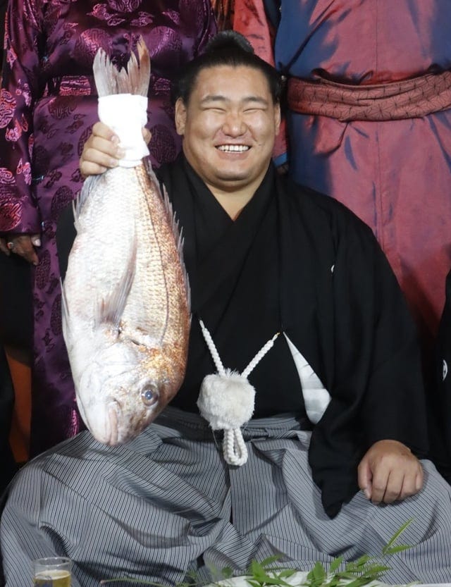 r/Sumo - Hoshoryu's Ozeki promotion ceremony is complete, obligatory fish picture