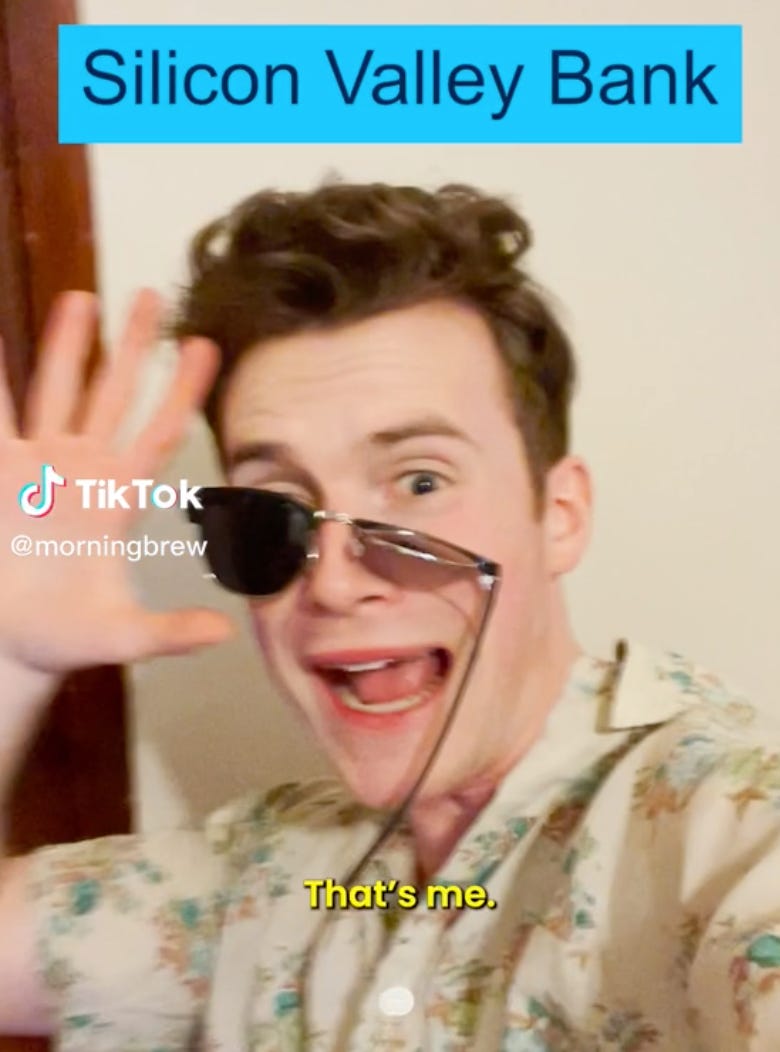 Screenshot from the Morning Brew tiktok titled “Silicon Valley Bank” with a man making an “ahhh!” face with broken sunglasses hanging from his nose, subtitled: “Yup, that’s me.”
