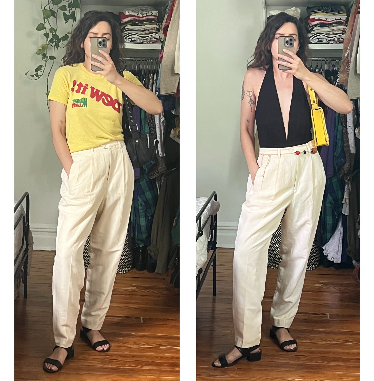 Two images side by side. A brown-haired person taking a mirror selfie and wearing the following, Left: yellow vintage tee with red text that reads “Dew It!” (backwards) and includes Mountain Dew text logo, off-white pleated trousers, black sandals and a studded black bag slung on their shoulder. Right: deep-v black bodysuit tucked into the same off-white pleated trousers; with a bauble belt made of a thick twine and wooden beads in red, black, and tan;  a 60s rectangular yellow handbag worn as a shoulder bag; and the same black sandals.