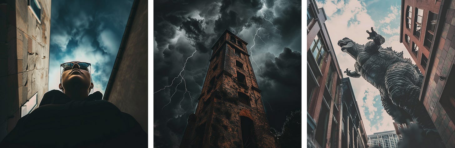 Man with glasses, Dark tower, Godzilla in a city