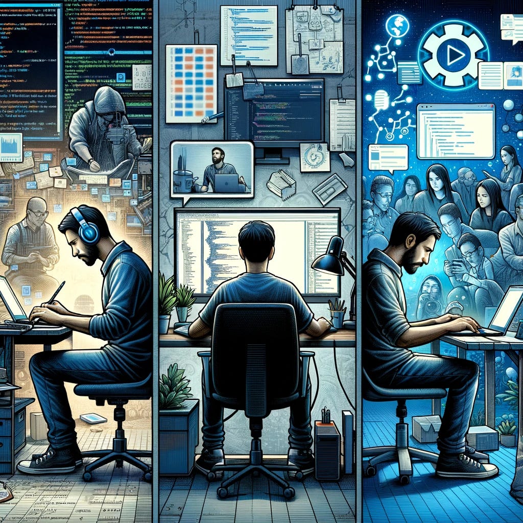 Depict a person embodying three distinct facets: writing code, creating content, and building communities. This triptych-style image shows the same person in three interconnected scenes, seamlessly transitioning between roles. On the left, the person is deeply focused, writing code on a computer in a well-organized workspace, surrounded by multiple monitors displaying complex code snippets and algorithms. The center panel shows the person creating content, sitting at a desk with a microphone and camera setup, recording a video or podcast, with notes and a storyboard visible. The rightmost scene depicts the person in a lively community setting, facilitating a discussion in a forum-like environment, surrounded by screens showing social media feeds and forum discussions, highlighting the vibrant exchange of ideas and collaboration. The background ties these scenes together with digital motifs, such as code brackets, content creation symbols (like a play button), and community icons (like interconnected avatars), illustrating the multifaceted nature of this individual's contributions.