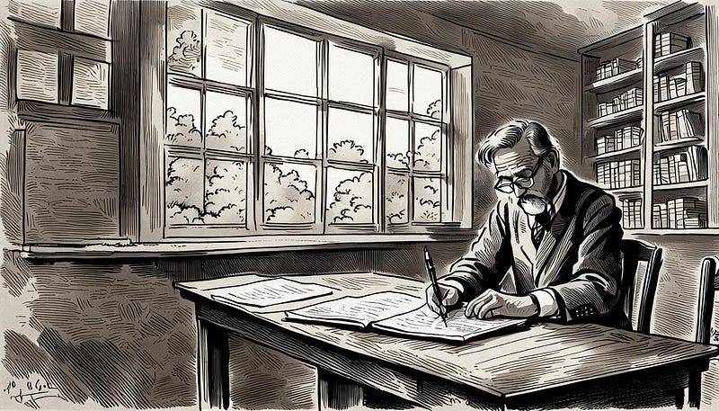 Pen and Ink rendition of a writer working at a desk