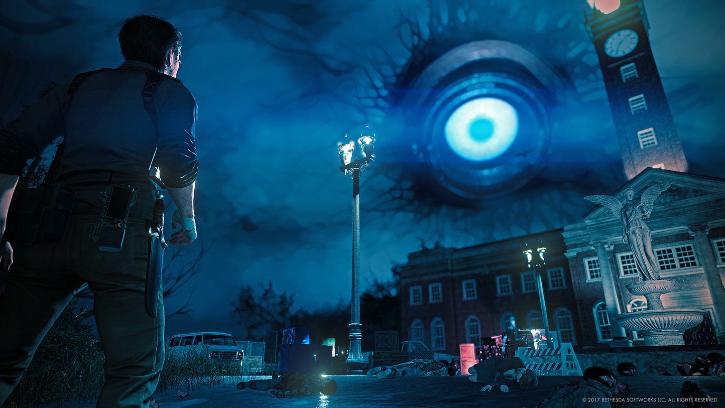a screenshot from the opening level of The Evil Within 2