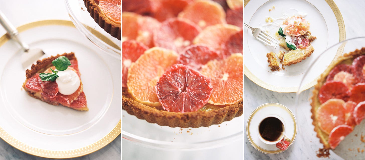 Three photos of a citrus tart