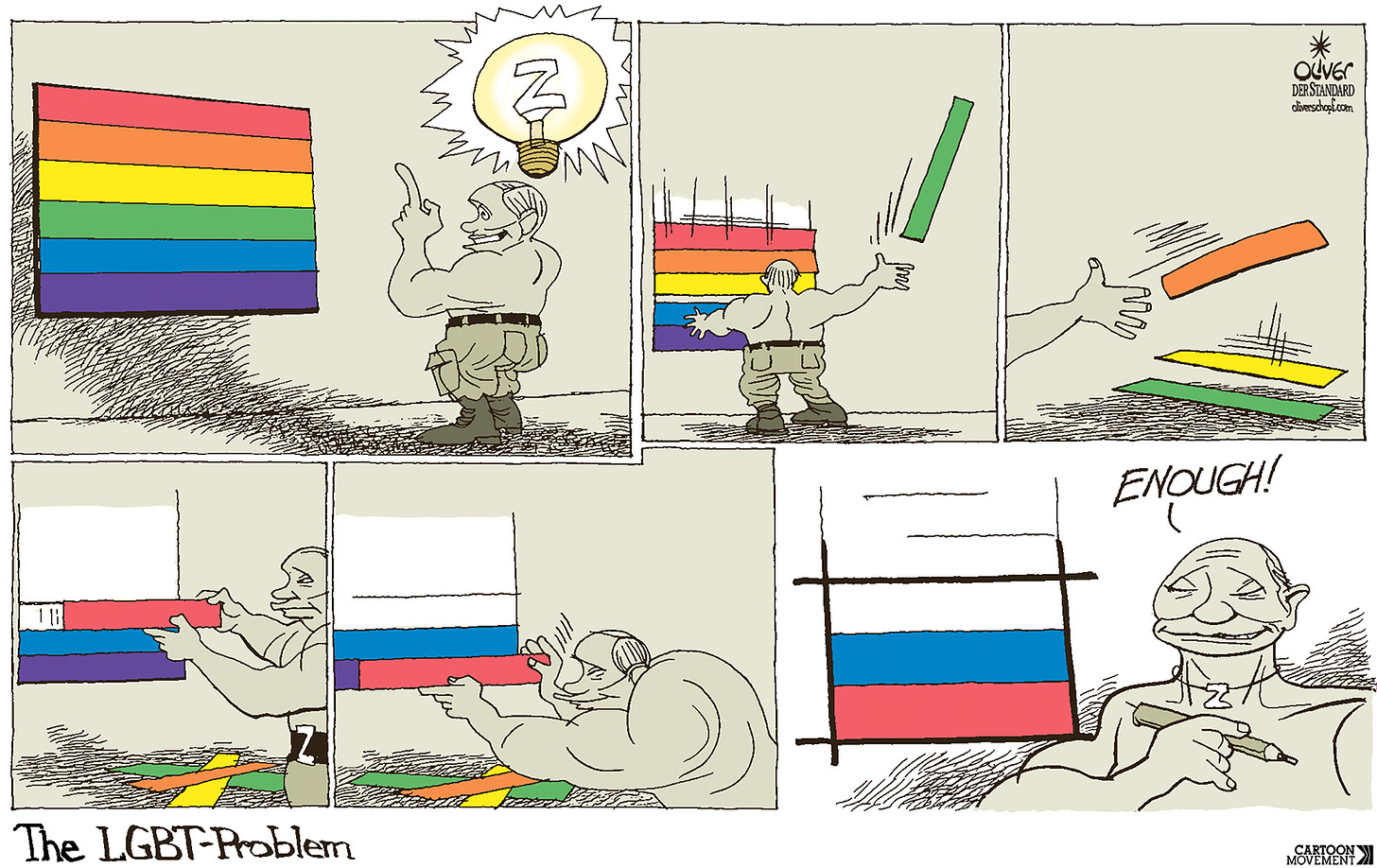 Cartoon showing Putin looking at a rainbow flag has he has an insight (a lightbulb appears above his head) in the first  panel. In the second and third panel he removes strips of color from the rainbow flag. In panel s four and five he replaces them with the three colours of the Russian flag. In the final panel he is smugly facing the viewer, saying: ‘enough!’. The caption below the cartoon reads: ‘The LGBT problem’