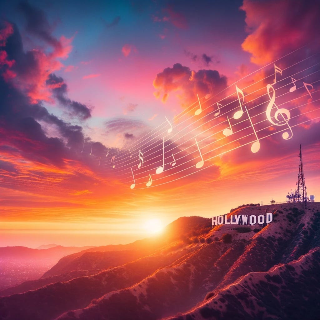 Hollywood Sunset with music notes in the air