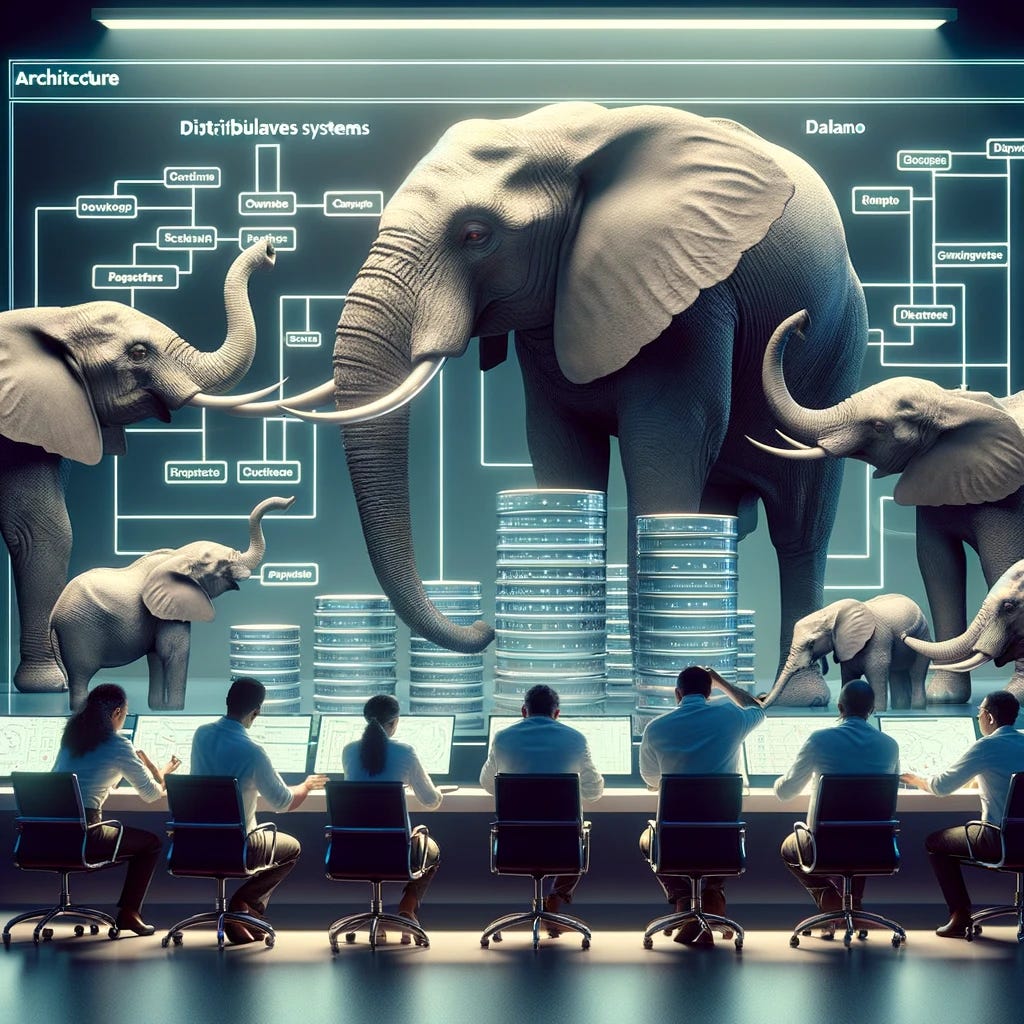 A group of elephants meticulously analyzing and discussing the architecture of Amazon Dynamo in a high-tech lab. The scene is filled with diagrams of distributed systems and screens showing data flow. The elephants, symbolizing strength and memory, are engaged in deep thought and collaboration, underscoring the robust and scalable nature of Dynamo's design.