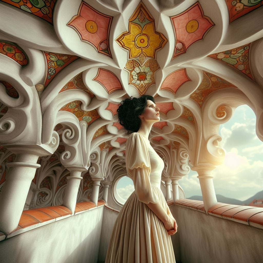 Hyper realistic; tilt shift; Lensbaby Effect: middle aged dark haired woman ivory velvet dress. dress merges into coral Quatrefoil: cream Gothic Tracery: Louver yellow and chartreuse decorative ceiling tiles. woman becomes one with Hundertwasserhaus, Vienna, Austria: . Scrollwork. anceint symbology in gold leaf. smooth grey stone with green moss. Crystal sky. sunny sky, fluffy clouds. Vast distance. sunshower. radiant