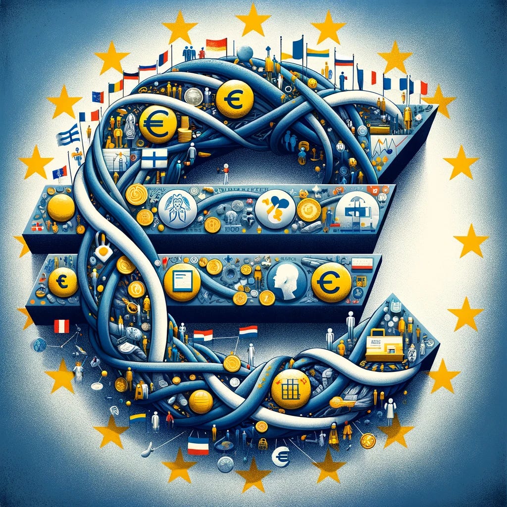 An insightful illustration for an article linking the Euro currency with the concepts of a welfare state and fiscal union in Europe. The image should depict a harmonious blend of the Euro symbol with icons representing social welfare, such as healthcare, education, and social security. Intertwined with these should be elements symbolizing fiscal unity, like interconnected financial networks and collaborative policy-making between European nations. The background should subtly integrate the flags of EU member states, emphasizing the theme of fiscal and social integration across Europe. The artwork should convey a sense of solidarity, prosperity, and a united approach to welfare and fiscal policies.