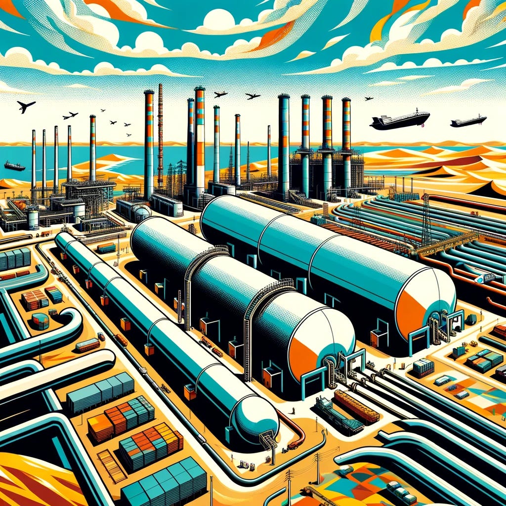 A stylized representation of Mauritania's massive gas export industry. The image should depict large gas pipelines, storage tanks, and industrial infrastructure against a backdrop of the Mauritanian landscape. The scene should capture the scale and significance of the gas export industry, with elements like ships or tankers in the background to suggest international trade. The style should be bold and dynamic, using colors and patterns that reflect the Mauritanian environment and culture. The composition should convey the idea of energy and economic growth, highlighting the impact of the gas export on the country's development.