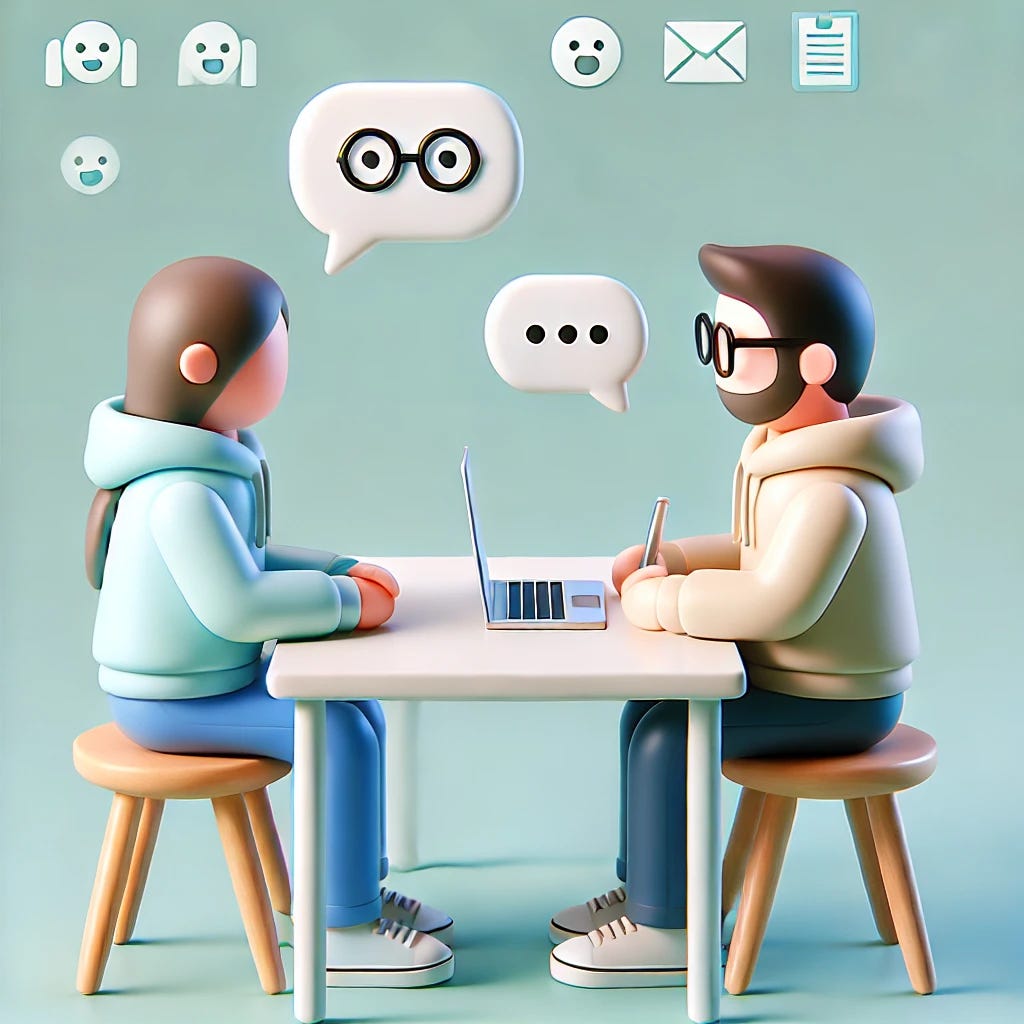 Two geeky tech workers at a desk, one animatedly chatting with a speech bubble containing playful symbols, while the other attentively takes notes on a notepad, surrounded by icons of gears and code snippets in a clean, modern style.