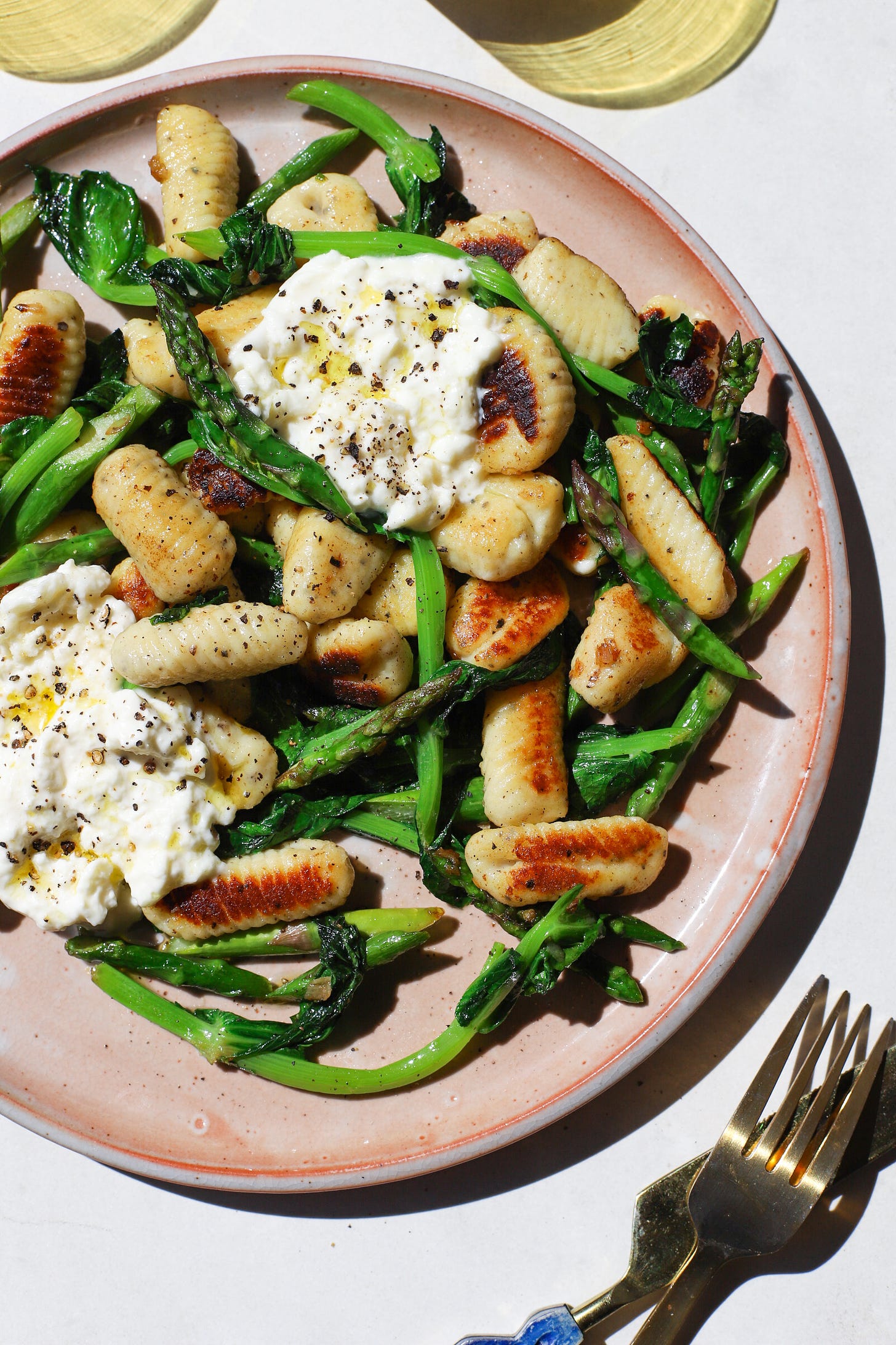 Plate of gnocchi with spring vegetables and burrata