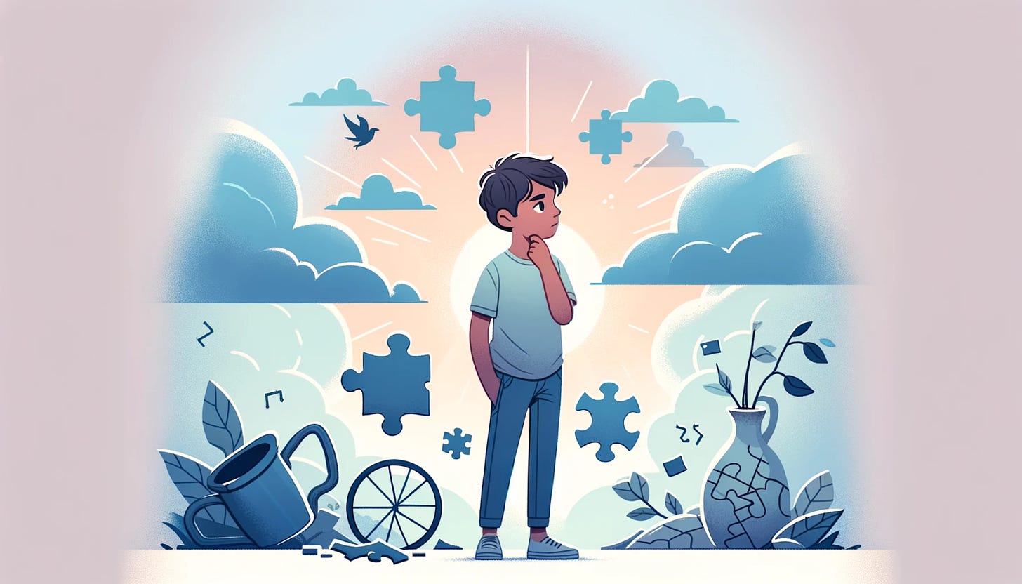 A minimalist and vector illustration depicting a boy learning from his mistakes. The image shows a young boy, looking thoughtful, surrounded by symbolic representations of challenges and failures like puzzle pieces, a broken vase, and a fallen bicycle. In the background, there's a gradual transition from a stormy sky to a clear, sunny one, symbolizing the boy's journey from confusion to enlightenment. The colors are soft and calming, emphasizing the theme of growth and self-reflection.