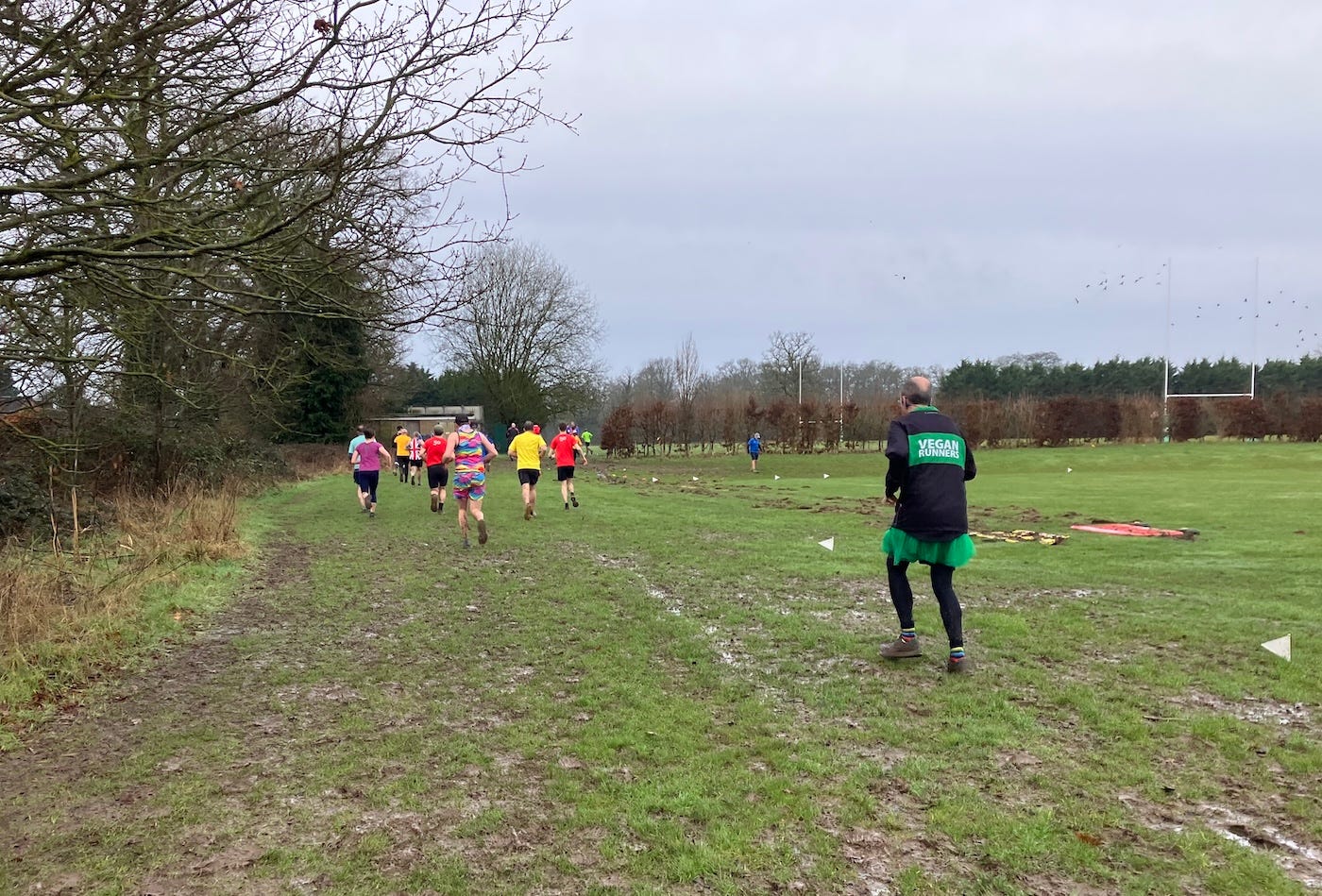 Runners on a wide field, with some grass showing through mud
