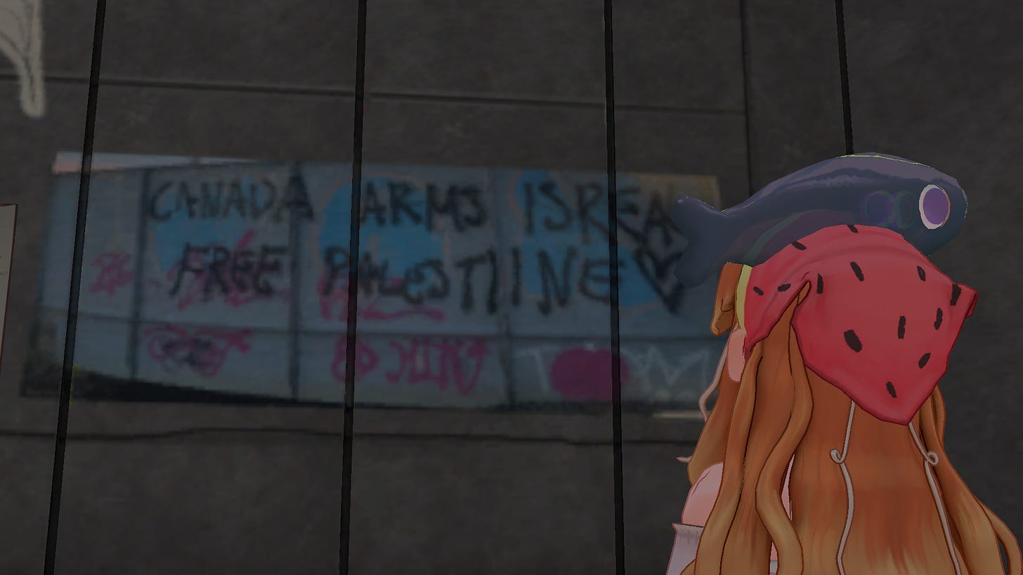 Bonito stands with her back to us as she looks at a wall that reads, "Canada arms Israel, free Palestine."