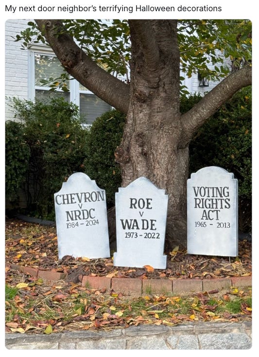 (copied from mitch-alexandria on Bluesky:) 3 decorative tombstones in a neighbors yard for Halloween that read “roe v wade 1973-2022” , “chevron v NRDC 1984-2024”, and “Voting Rights Act 1965-2013”