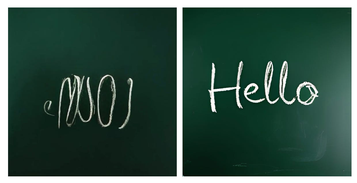 DeepSeek Janus vs Janus-Pro 7b. Prompt: A clear image of a blackboard with a clean, dark green surface and the word ‘Hello’ written precisely and legibly in the center with bold, white chalk letters.