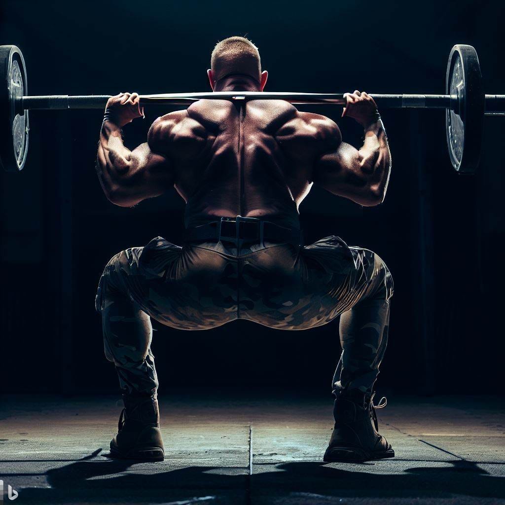 a very muscular soldier doing a low bar squat in a dark and realistic setting from a rear angle with proper bar placement.