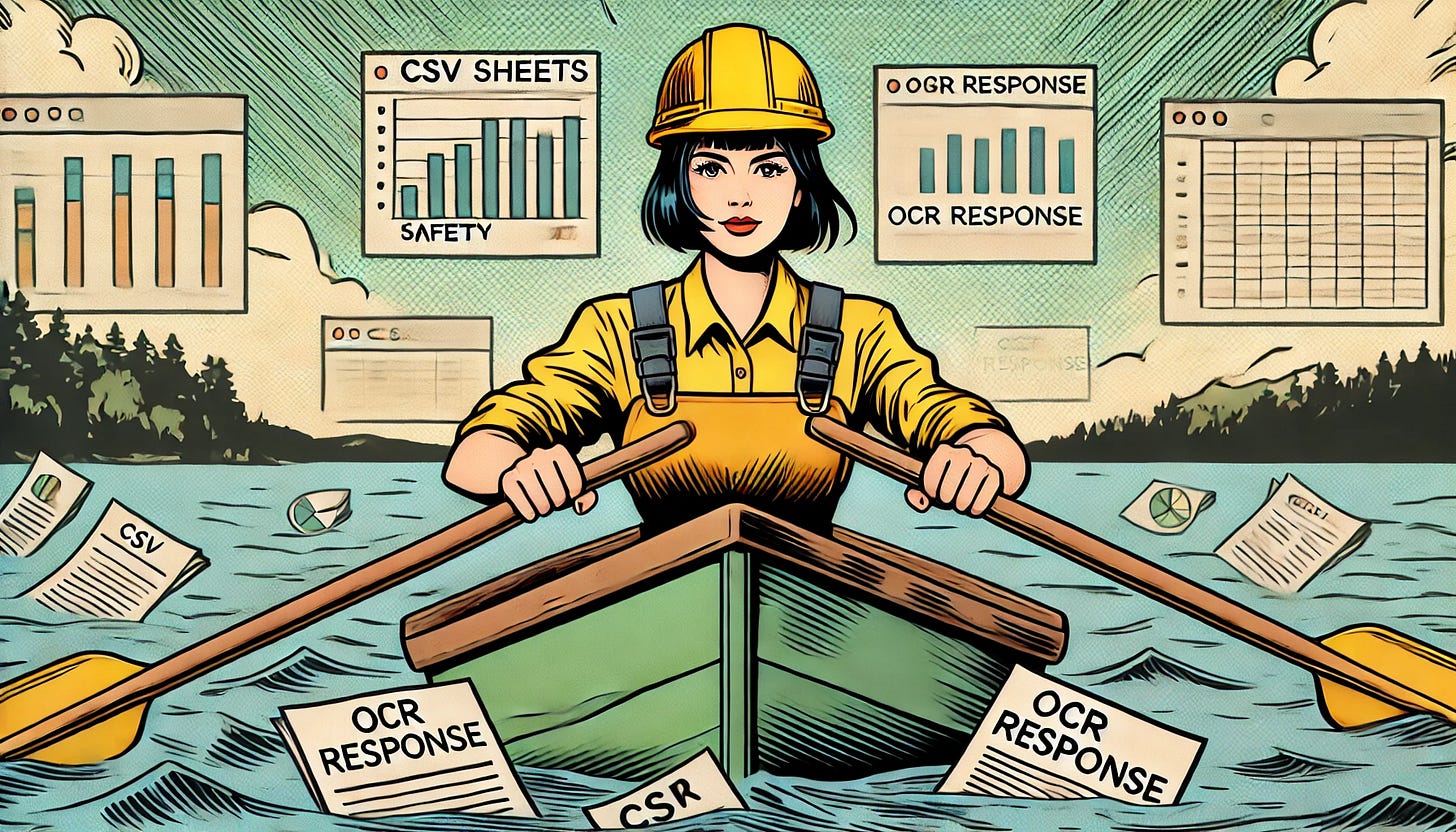 A female engineer wearing a yellow safety helmet rowing a boat in the middle of a lake. She has a determined expression, wearing a work uniform. Around her in the boat are floating charts, CSV sheets, and OCR response documents, scattered but neatly visible. The scene is illustrated in a vintage comic book style, featuring bold black outlines, vibrant yet slightly desaturated colors, and high-contrast shading.