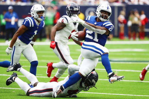 Zack Moss of the Indianapolis Colts runs with the ball during the second quarter against the Houston Texans at NRG Stadium on September 17, 2023 in...