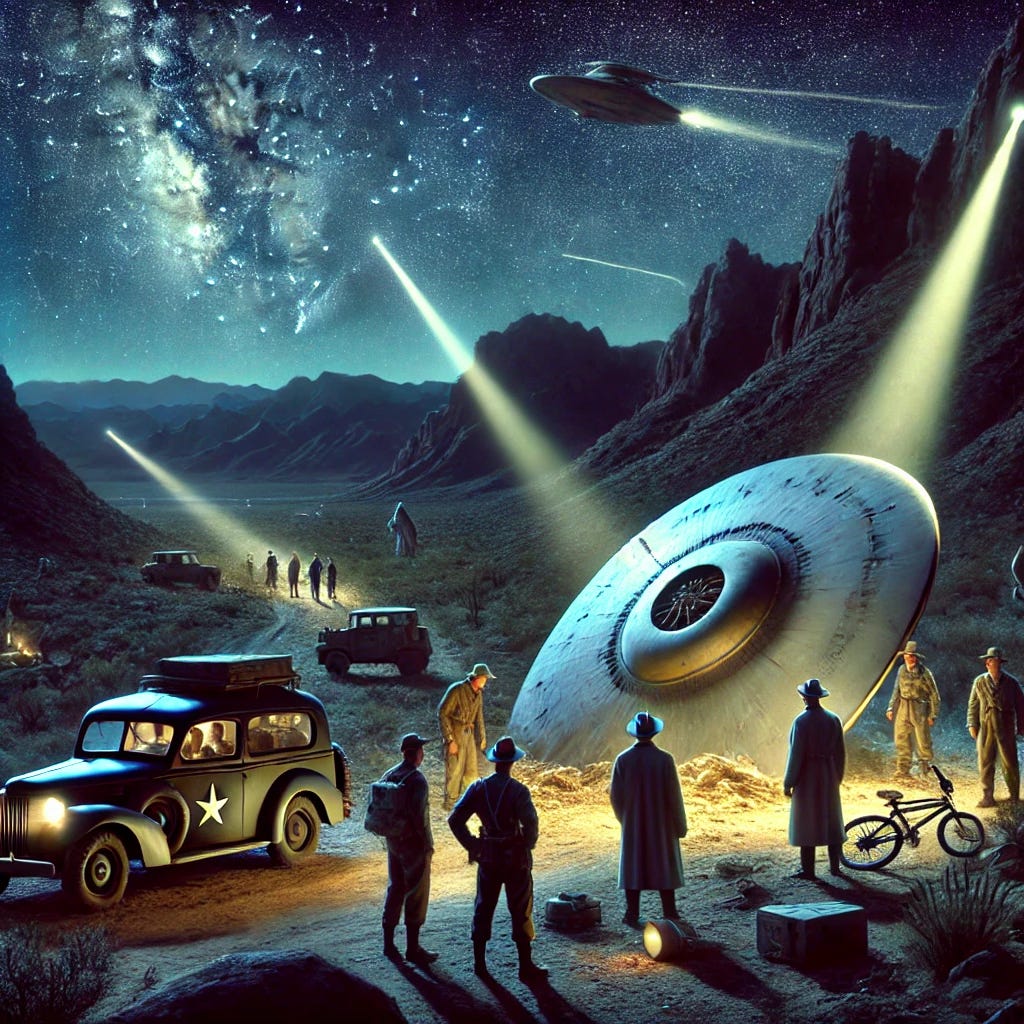 A dramatic nighttime scene depicting the 1947 UFO crash near Corona, New Mexico. The image shows a mysterious, disk-shaped spacecraft, partially embedded in the desert landscape, with scattered debris illuminated by the moonlight. Nearby, military personnel in 1940s uniforms cautiously approach the crash site, their flashlights casting long beams of light. In the background, rugged desert mountains under a starry sky. A few government vehicles and a small group of civilians observe from a distance, adding a sense of secrecy and intrigue to the scene.