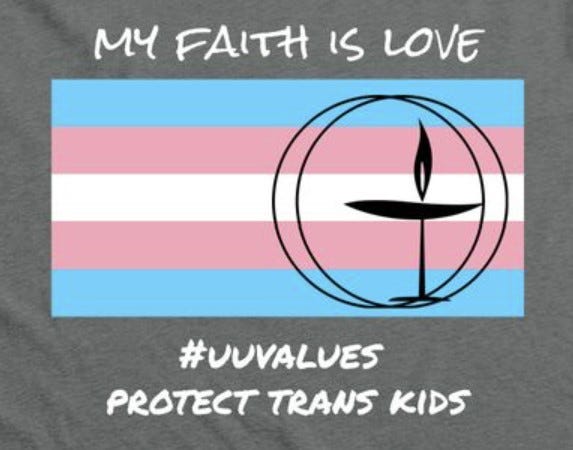 Trans pride flag with Unitarian Universalist chalice symbol on right side, with words above "My Faith Saves Lives" and the words "#UUValues Protect Trans Kids" underneath
