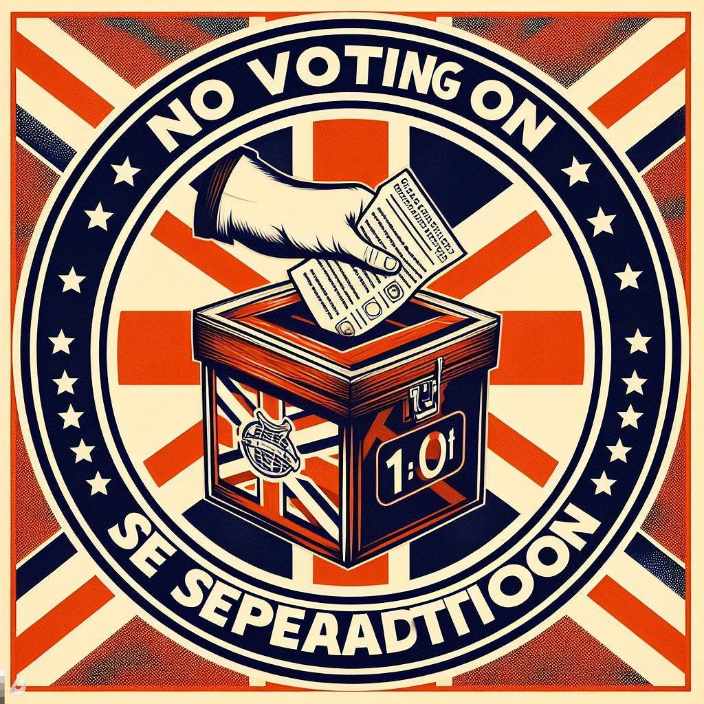 A propaganda poster announcing that referendums and voting on separation, separatism, independence, secession are banned, prohibited, with a big ballot box, hand, ballot papers in the centre, text "no voting on separation", digital art