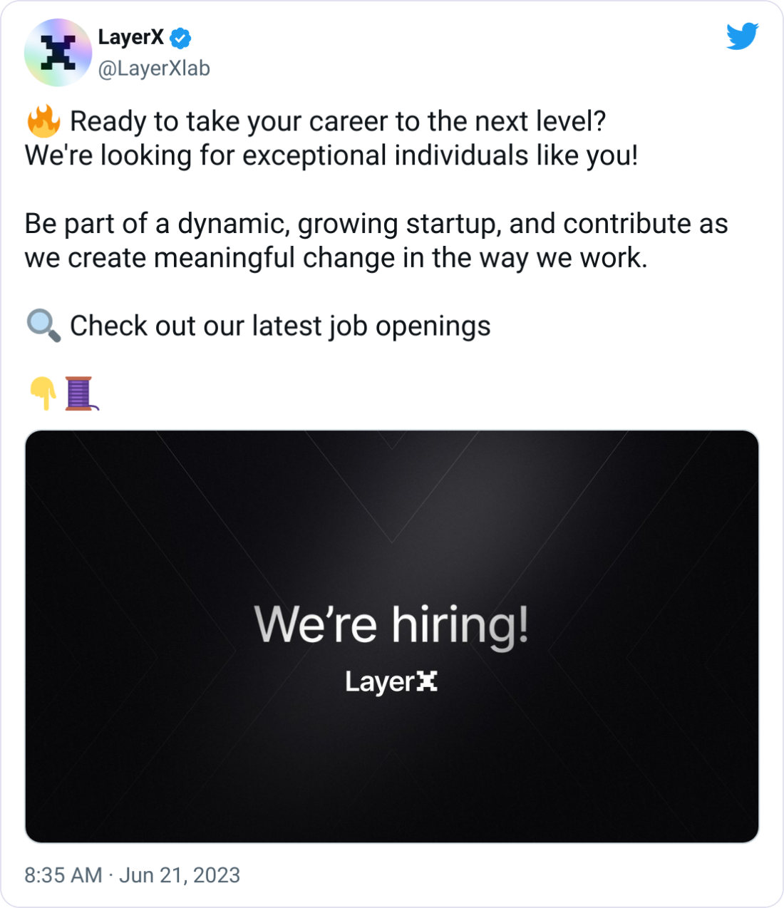  LayerX @LayerXlab 🔥 Ready to take your career to the next level? We're looking for exceptional individuals like you!  Be part of a dynamic, growing startup, and contribute as we create meaningful change in the way we work.  🔍 Check out our latest job openings