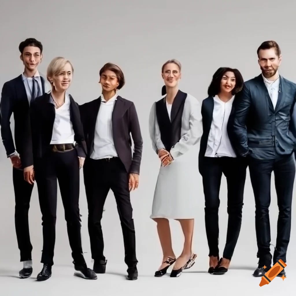 team photo of seven men and one woman wearing business casual clothes