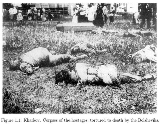 Image from Melgunov's Red Terror in Russia 1918-1923 "Kharkov. Corpses of the hostages tortured to death by the Bolsheviks."