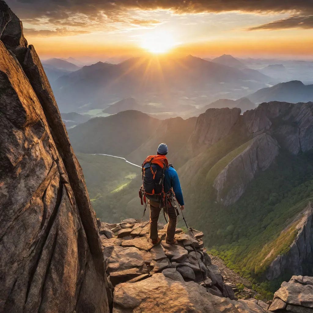 A hiker conquering the mountain after setting a goal to do it