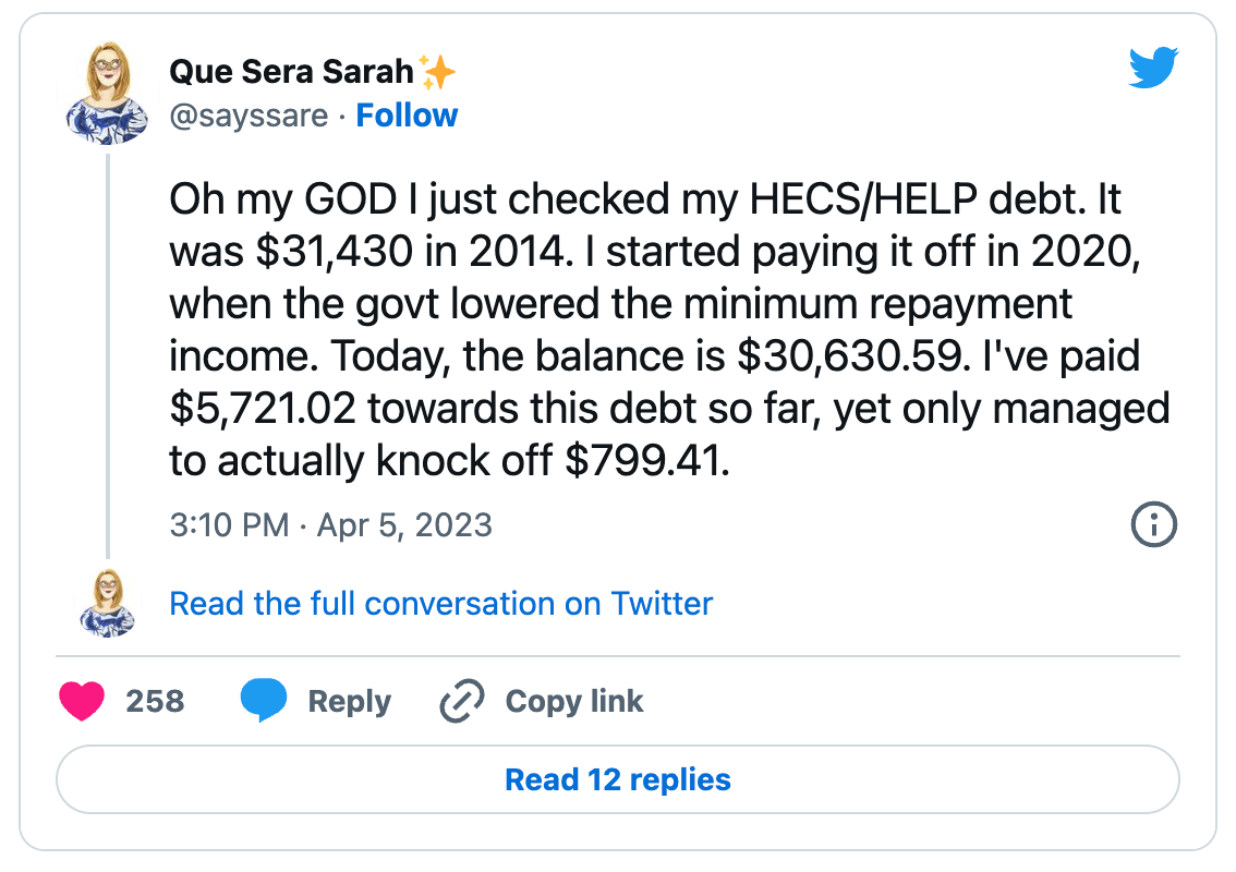 A screenshot of a Twitter post about HECS debt calculations now that rates have increased
