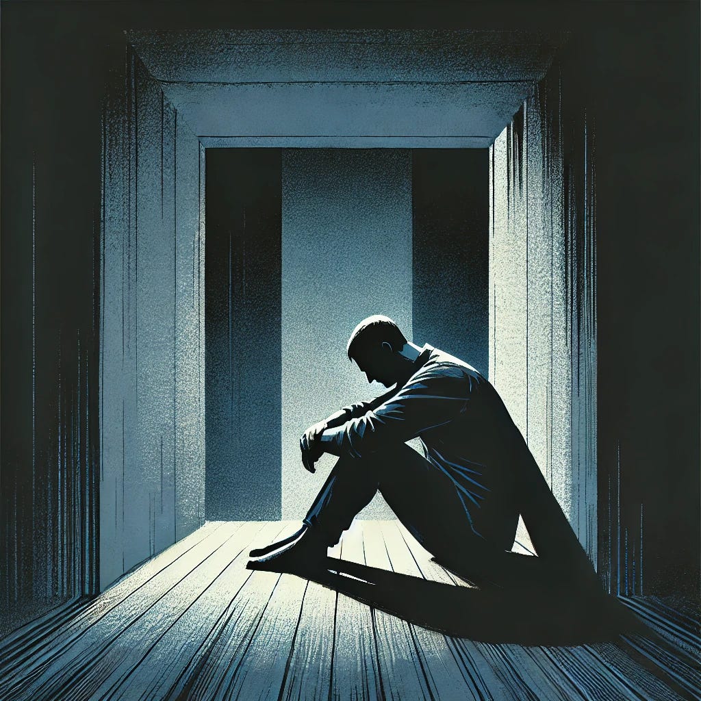 A somber and evocative illustration of a solitary man sitting alone in a dark, empty room. The atmosphere is heavy with loneliness, emphasized by the dim lighting and deep shadows that envelop the space. The man sits hunched over, reflecting deep sadness or introspection. The background is minimalistic, with no distractions, focusing entirely on the man's isolation. The color palette is dark, with cold bluish tones adding to the melancholic mood.