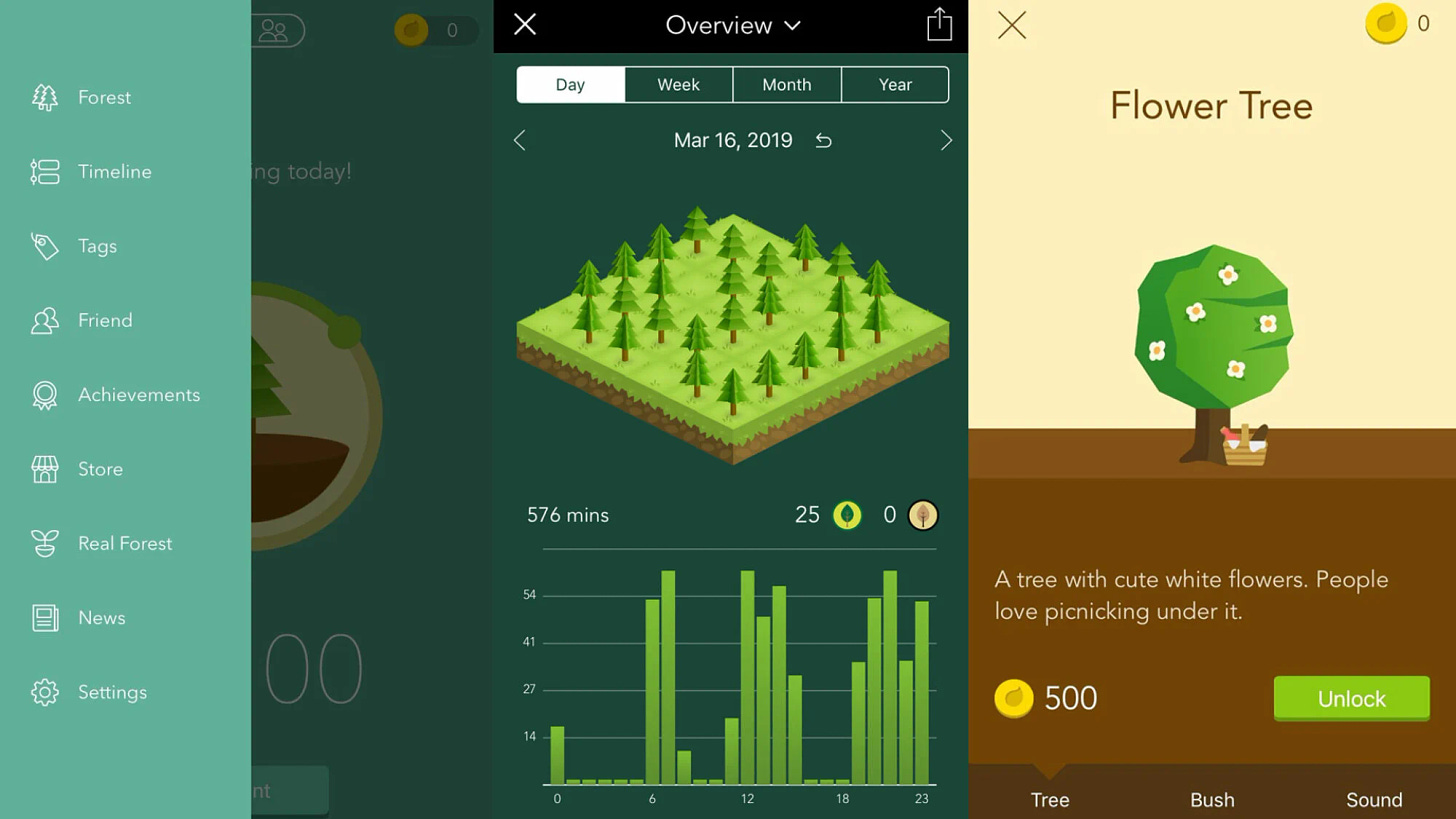 Forest homepage screen and current tree growth status screen.