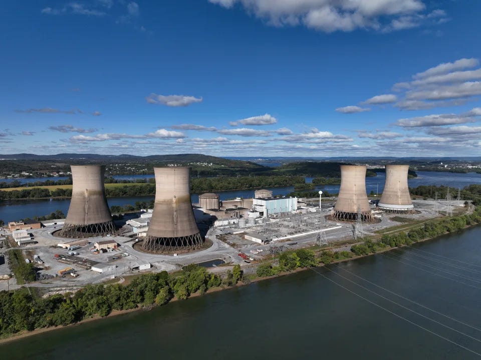 Three Mile Island nuclear power plant stands in the middle of the Susquehanna River on October 10, 2024 near Middletown, Pennsylvania. (Photo by Chip Somodevilla/Getty Images)