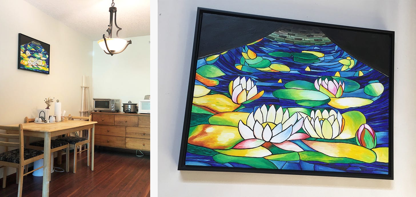 Left photo: Dining room with a large painting with white lotuses on a blue background. Right photo: Closer view of paintings showing a stained glass inspired interpretation of a blue lamp shade with white lotuses and lily pads on it.