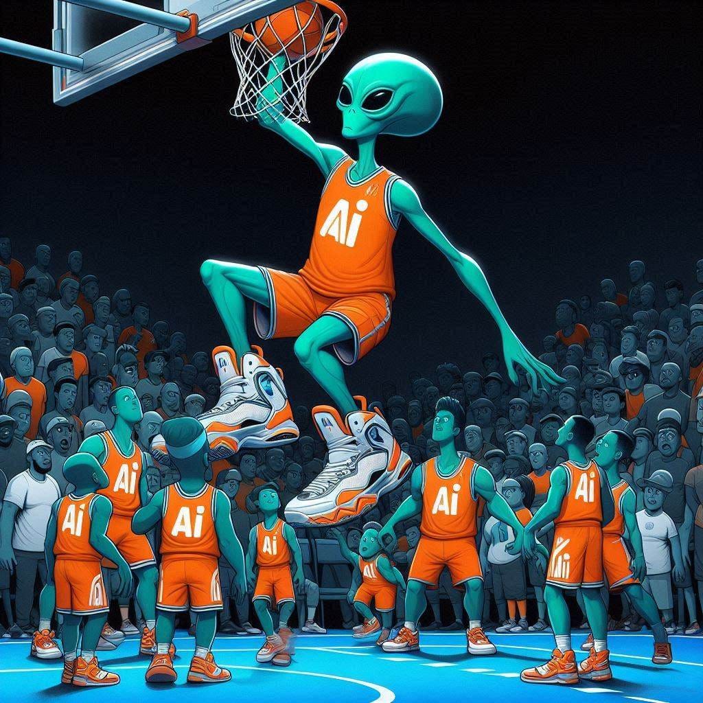 A 7'4" basketball playing alien wearing bright orange and white AI designed basketball sneakers doing a huge dunk over a bunch of small human players. Give it a Space Jam feel and vibe to the illustration.
