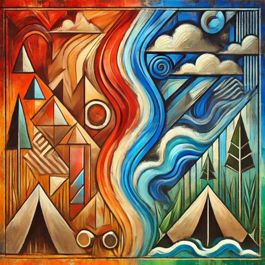 An abstract painting inspired by a psychological experiment about group identity and conflict. The image features two bold, contrasting color fields—one warm (reds, oranges) and one cool (blues, greens)—separated by a jagged, textured boundary to represent division. Stylized, playful symbols of camp life like abstract tents, trees, and waves are scattered within each color field. Sharp geometric shapes (triangles, circles) collide near the center, evoking tension, while softer, overlapping brushstrokes elsewhere convey moments of peace and unity. The composition includes layered textures and expressive brushstrokes, capturing the energy of both conflict and reconciliation in a spontaneous, decorative style.