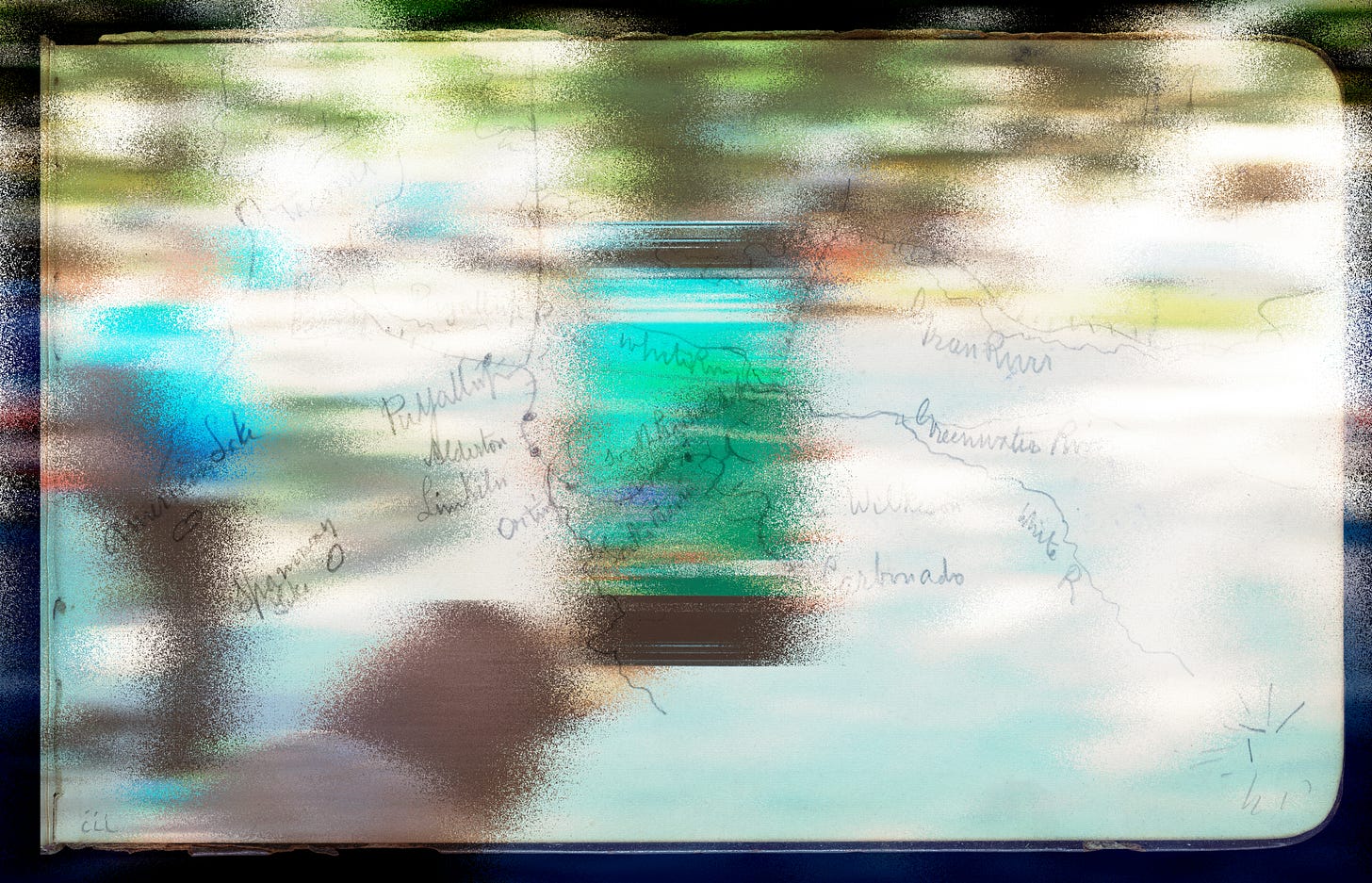 A hand-drawn map overlaying a blurred image of a hand holding an iPhone.