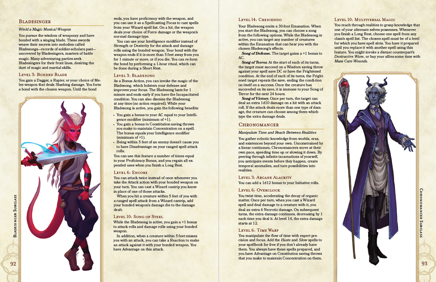 A spread from Subclasses Revivified, showing the Bladesinger and most of the Chronomancer wizards.