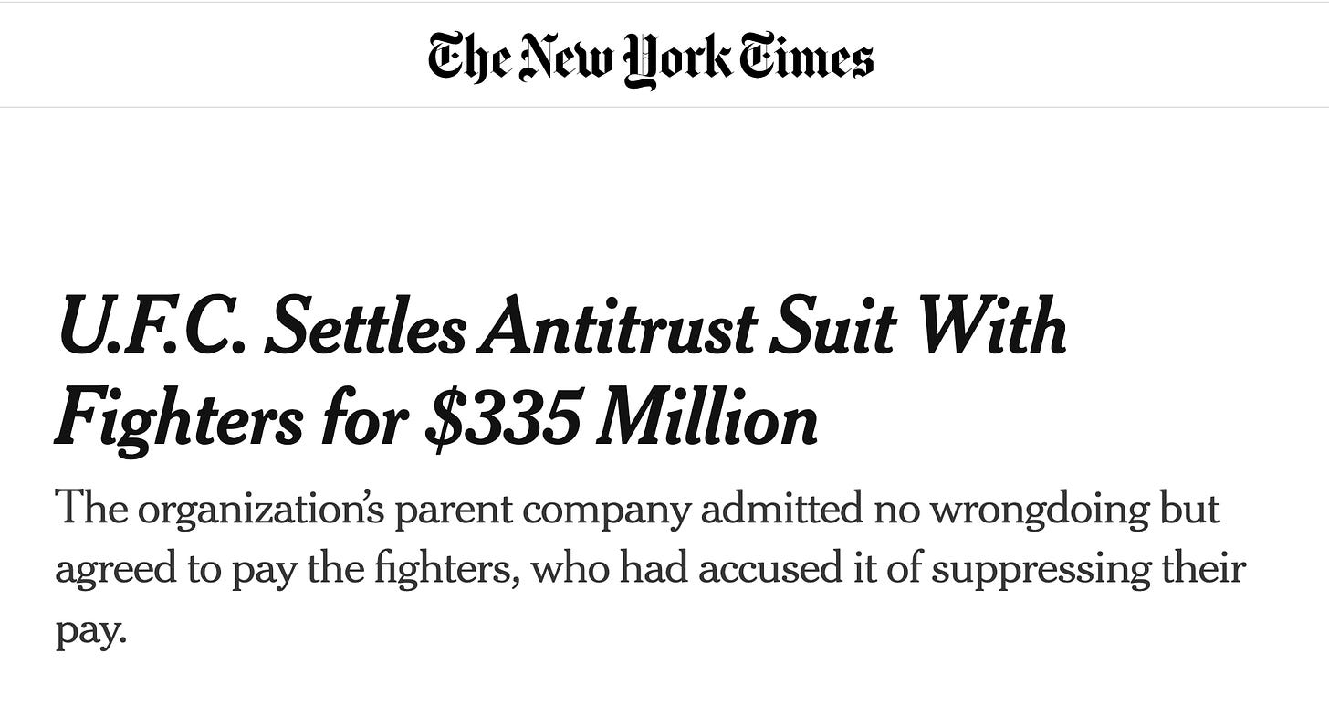 U.F.C. Settles Antitrust Suit With Fighters for $335 Million The organization’s parent company admitted no wrongdoing but agreed to pay the fighters, who had accused it of suppressing their pay.
