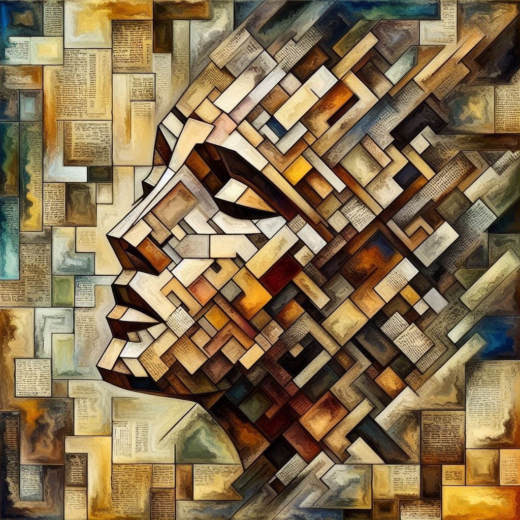 AI generated image in the style of cubist collage of a face lifted upwards with eyes closed against a field of cells filled with various texts