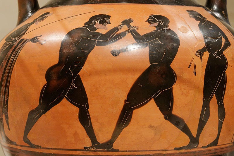 Boxers, side B from an Attic black-figure amphora of Panathenaic shape. Side A: Athena.