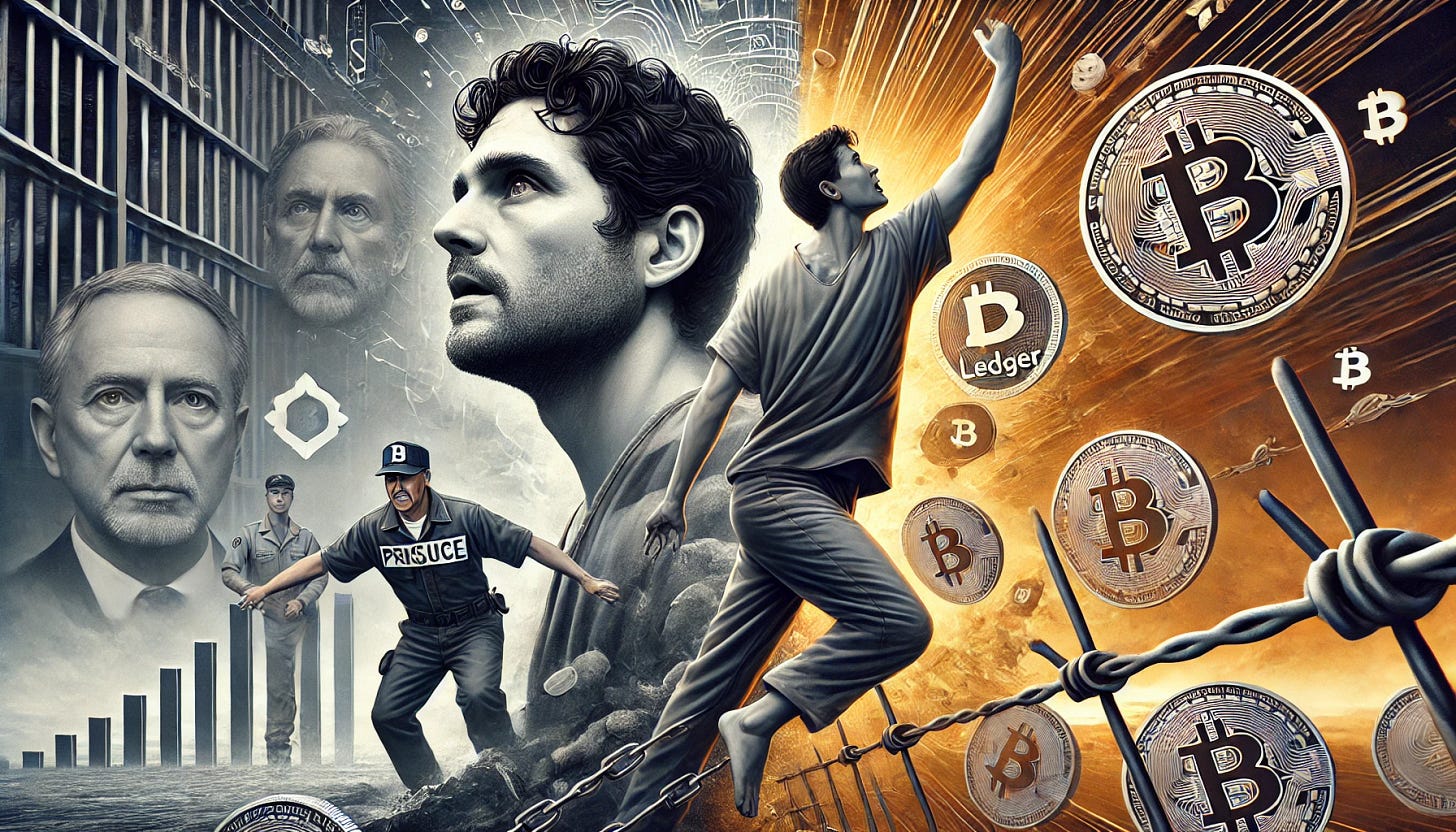 A hyperrealistic banner illustrating two contrasting events in the cryptocurrency world. On one side, depict Ross Ulbricht, the founder of Silk Road, being released from prison, with a sense of freedom and justice. On the opposite side, show a dramatic scene of the co-founder of Ledger being kidnapped, with an atmosphere of fear and chaos. The background should integrate elements of cryptocurrency, like blockchain patterns and digital coins, connecting the two events thematically. The composition highlights the duality of freedom and captivity, emphasizing the stark contrast between the two narratives.