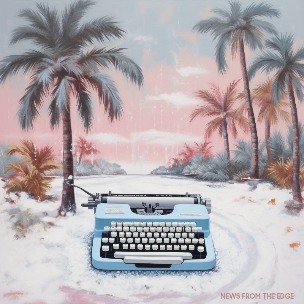 typewriter on a tropical beach covered in snow