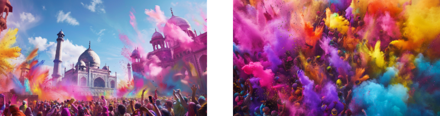 This panoramic image captures the exuberant spirit of the Holi festival, with crowds gathered around the iconic Taj Mahal, cloaked in clouds of vibrant colored powders. Plumes of pink, yellow, and blue fill the air and cover the revelers, who are seen in joyful celebration under a clear blue sky, creating a lively and vivid scene of cultural festivity. The right side of the image zooms in on the crowd, creating a detailed burst of colors and movement, showcasing the energy and enthusiasm that embodies this traditional festival of colors.