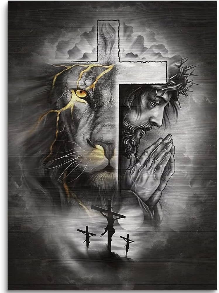 Amazon.com: Jesus and Lion Wall Art Prints Painting Black and White  Religious Jesus The Cross Wall Décor Inspirational Home Art Poster  Religious Painting Modern Framed Artwork for Bedroom Living Room 20"x 28":