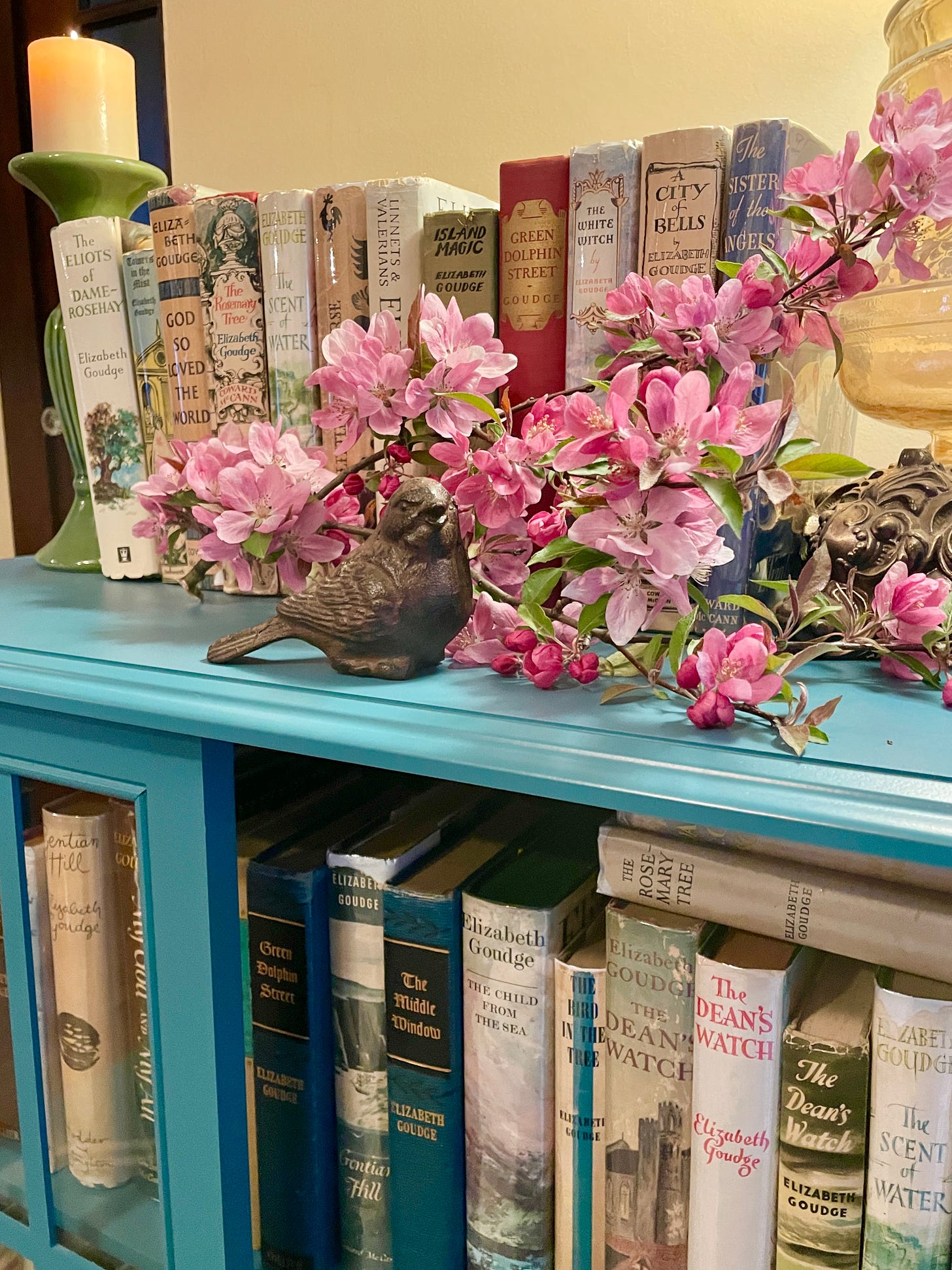 Blossoms, bird and my collection of books for Goudge’s birthday