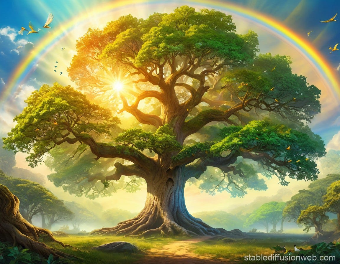 huge oak tree in the forest with large green and yellow branches and big  roots Prompts | Stable Diffusion Online