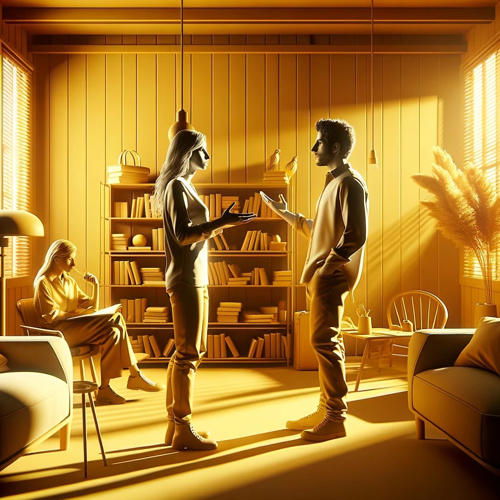 A man and a woman debating in a yellow, sunlit room
